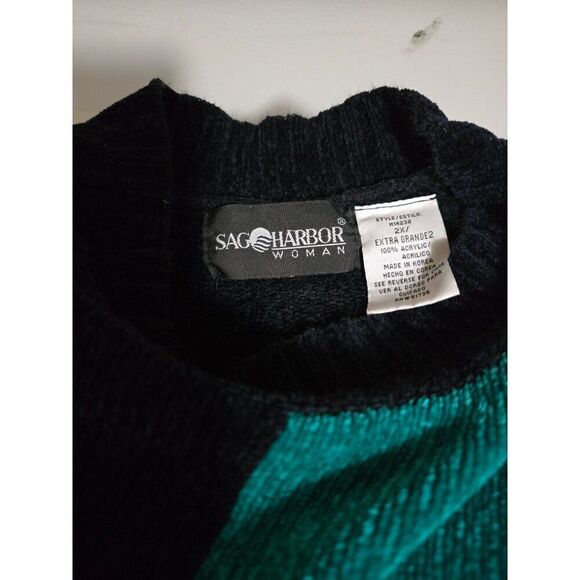 Color Block Sweater By Sag Harbor Woman 2X Black/Teal/Blue Patchwork Long Sleeve - Picture 5 of 6